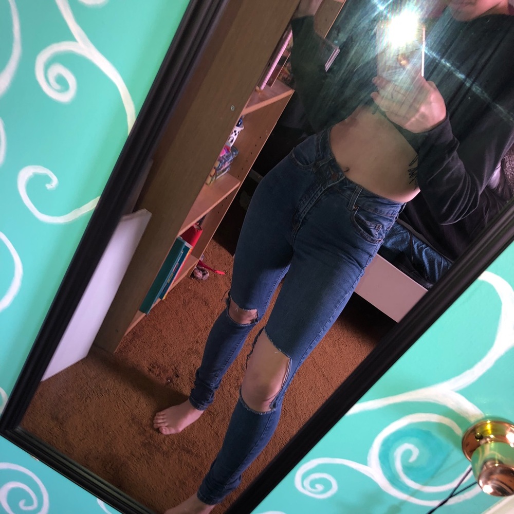 High waisted Dark Blue Distressed Jeans